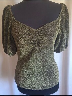 Boden Metallic Gold Puff-Sleeve Top